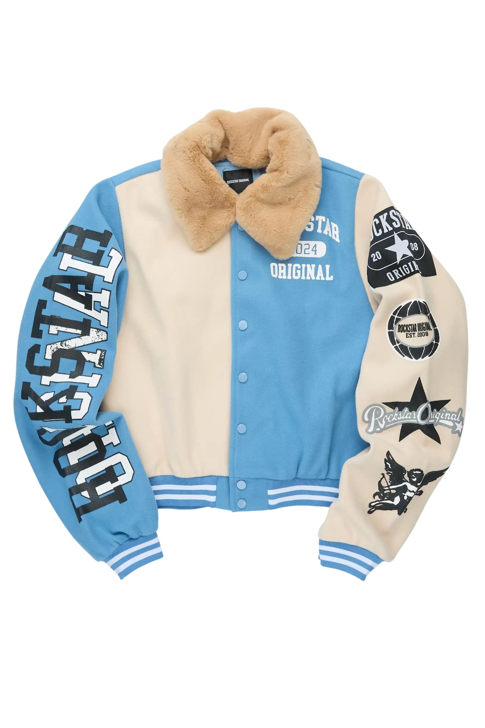 Kisha Blue/Tan Fur Collar Varsity Jacket