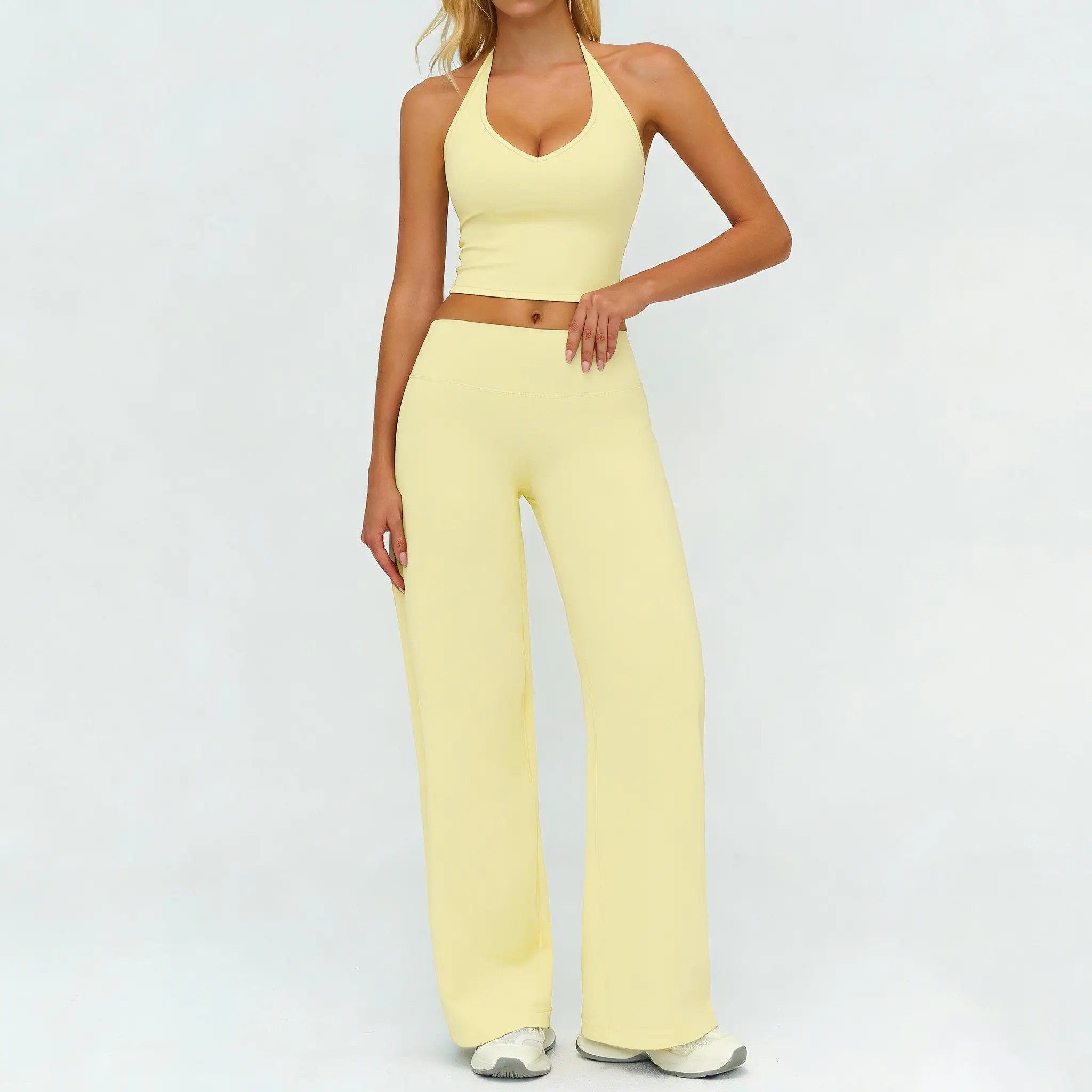 Women's Strappy Crop Top & Straight-Leg Pants Fitness Set – Gym to Casual Wear