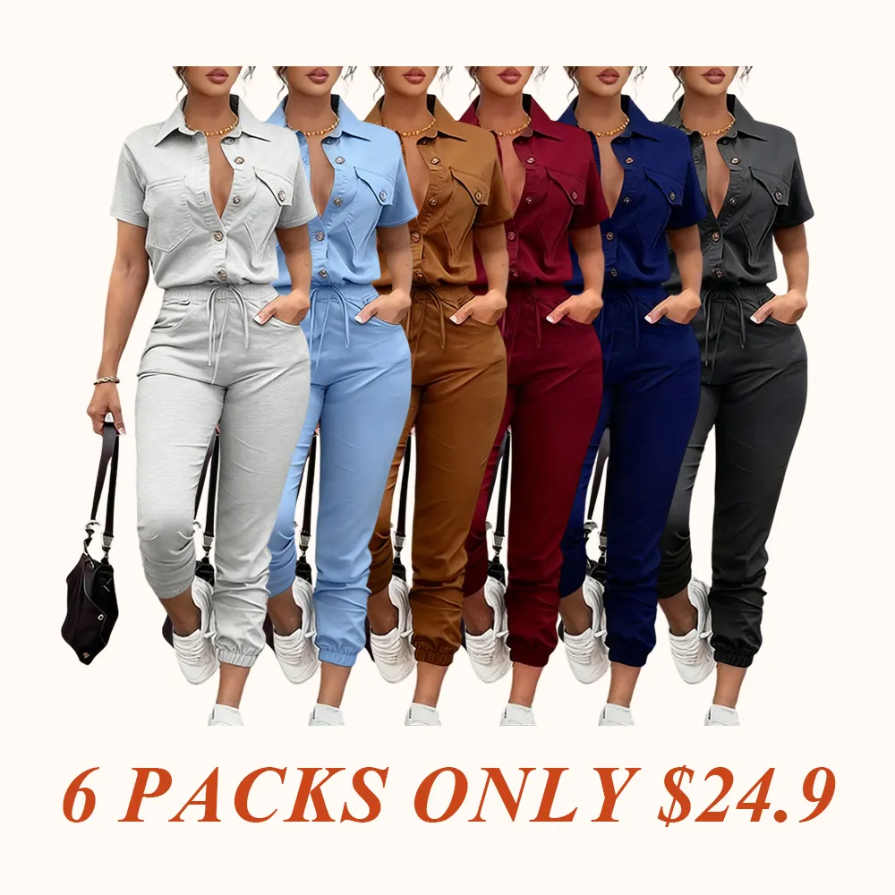 Women's Solid Button Front Pocket Jumpsuit, Casual Short Sleeve Jumpsuit for Daily Wear