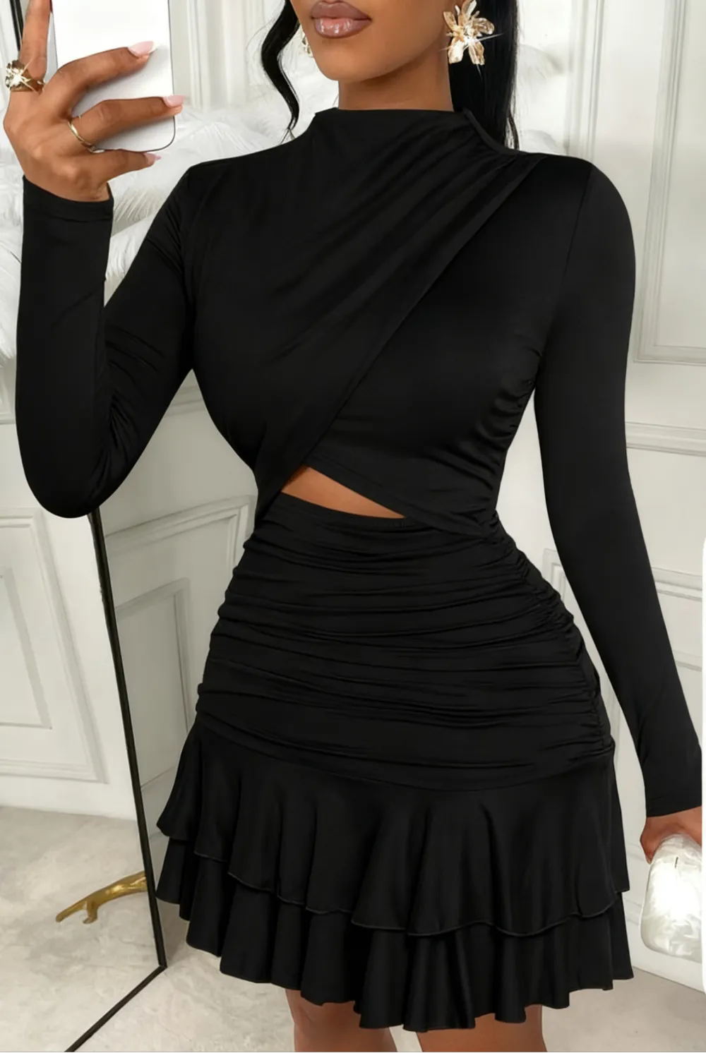 Women's Floral Stand-Collar Ruffled-Hem Mini Dress