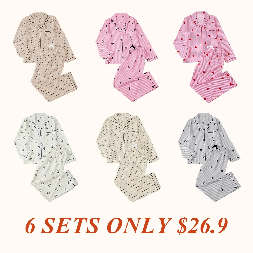 Women's Striped Bow Print Long Sleeve Pajama Set