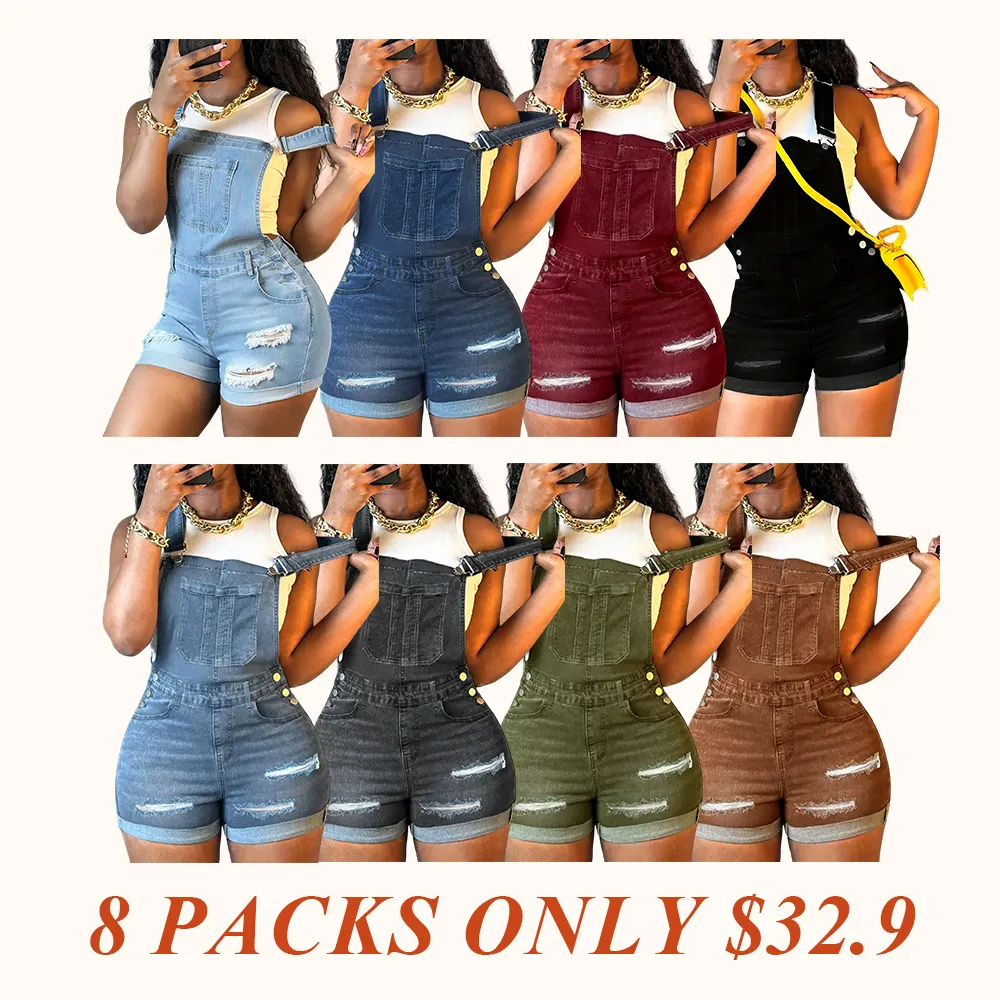 Women's Ripped Denim Bib Shorts - Dark Wash & Adjustable Straps