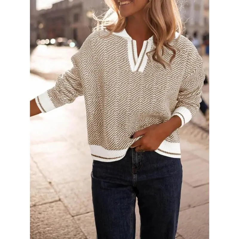 Womens V Neck Knit Sweater Color Block Long Sleeve