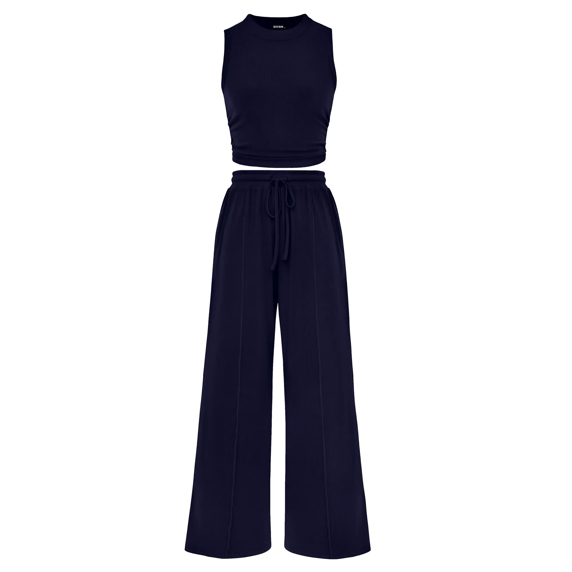 Women's Summer 2-Piece Outfits - Ribbed Knit Crew Neck Sleeveless Cropped Top & Wide Leg Pants Lounge Set
