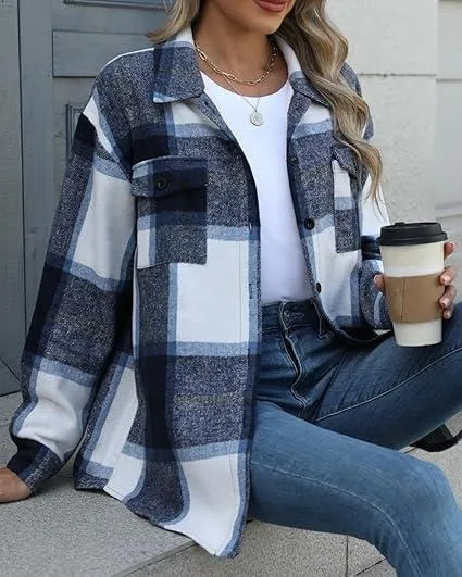 Womens Plus Size Shacket Jacket Flannel Plaid Long Sleeve