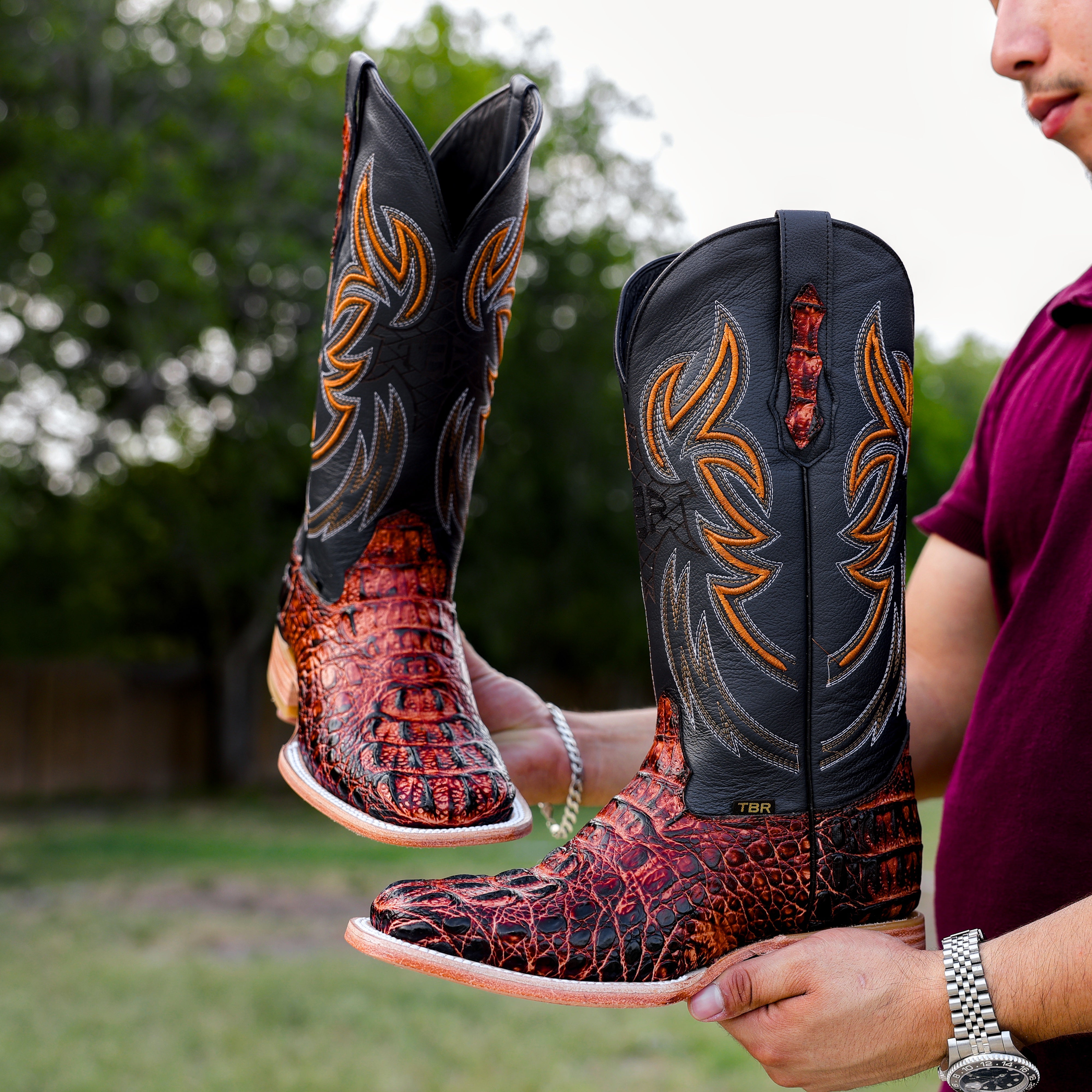 Cognac Caiman Neck Leather Boots - Square Toe