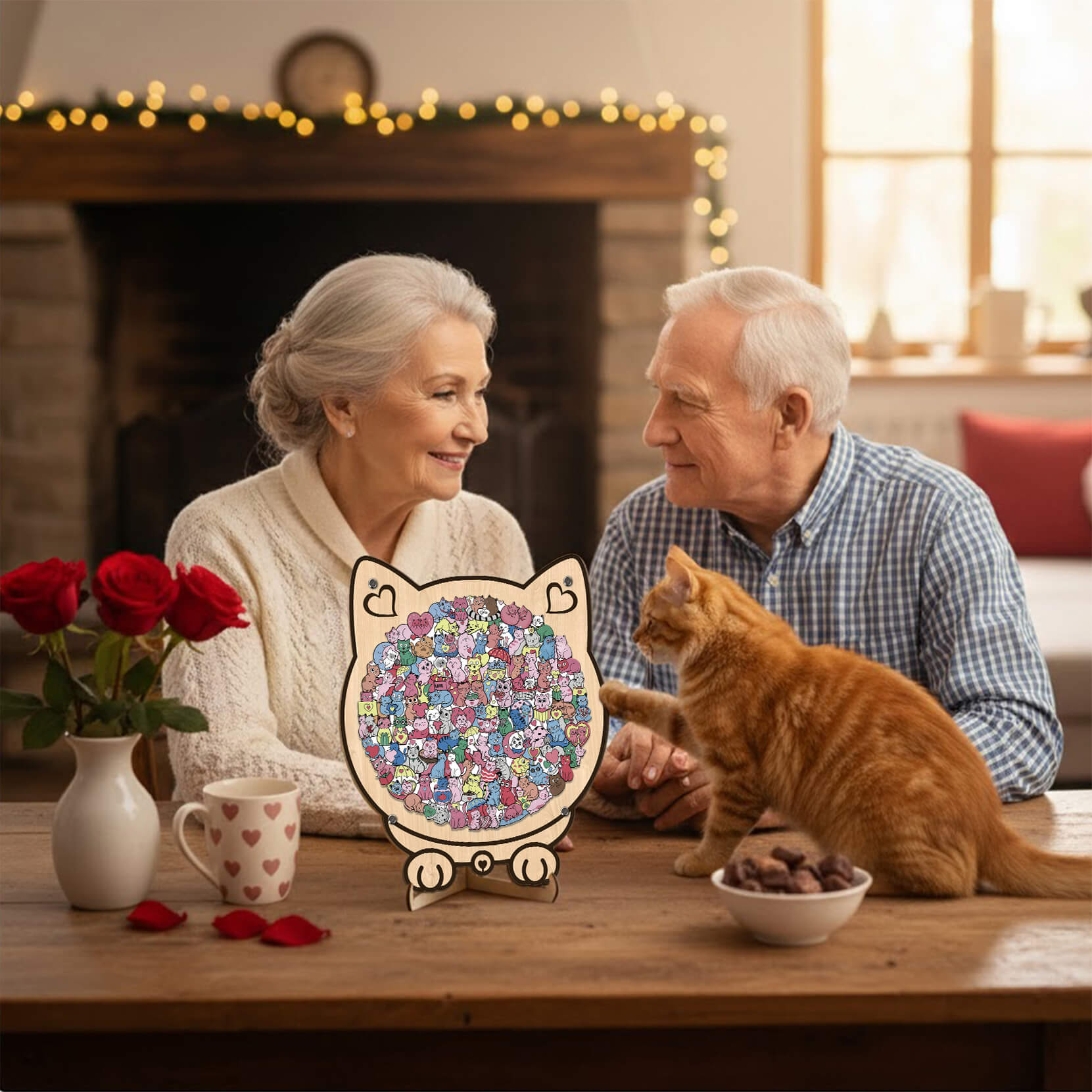 Cute Lover Cat Shaped Wooden Jigsaw Puzzle