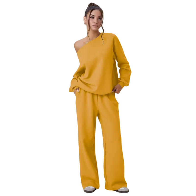 Women's Leisure Solid Color Sloping Shoulder Long Sleeve Top & Wide Leg Trousers Co-ord