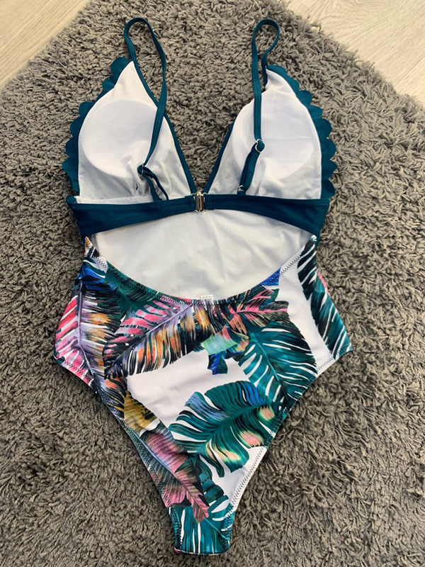 Spaghetti-Neck Deep V-Neck Lace-Up Floral One-Piece Swimwear