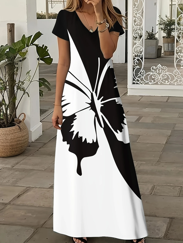 Women's Short Sleeve Summer Black-white Multicolor Block Printing V Neck Daily Going Out Casual Maxi X-Line Dress