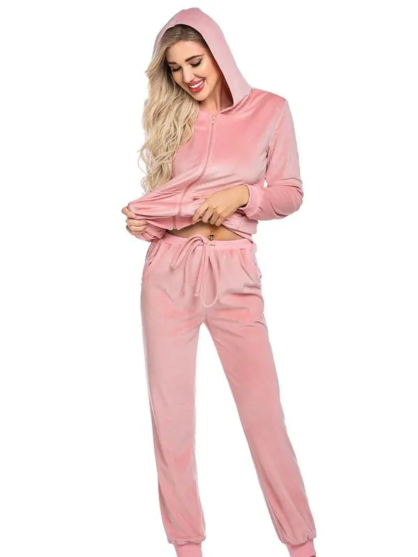 Women's Casual Velour Tracksuit Set Full Zipper Hoodie & Workout Pants Velvet