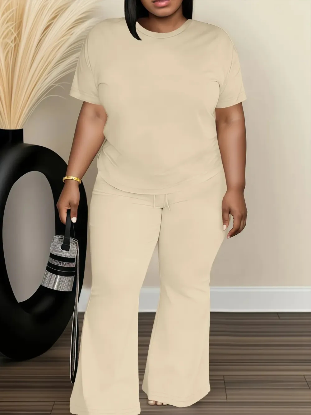 Women's Fashionable Big Size Casual Round Neck Short Sleeve Top & Loose Fit Straight Pants Set, Spring & Fall Comfortable Plain Design