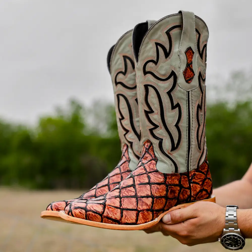 Cognac Pirarucu Leather Boots - Square Toe