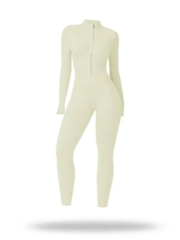 Sporty Women's Solid Color Half Zip Mock Neck Sports Jumpsuit