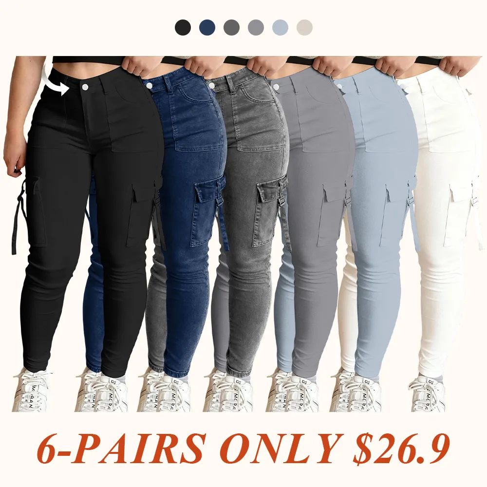 Women's Plain Multi-pocket Denim Cargo Pants