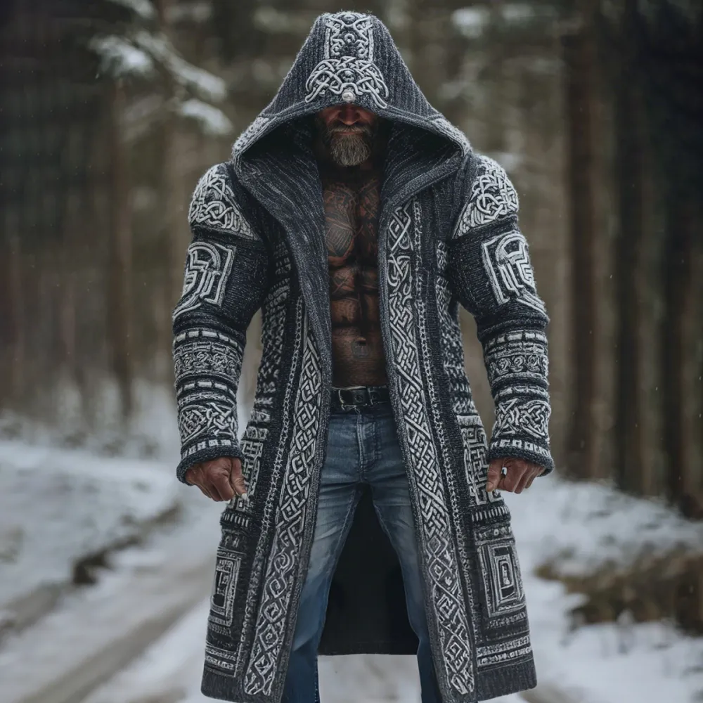 Men's Viking Celtic Knot Jacquard Colorblock Pocket Mid-length Hooded Knitted Cardigan