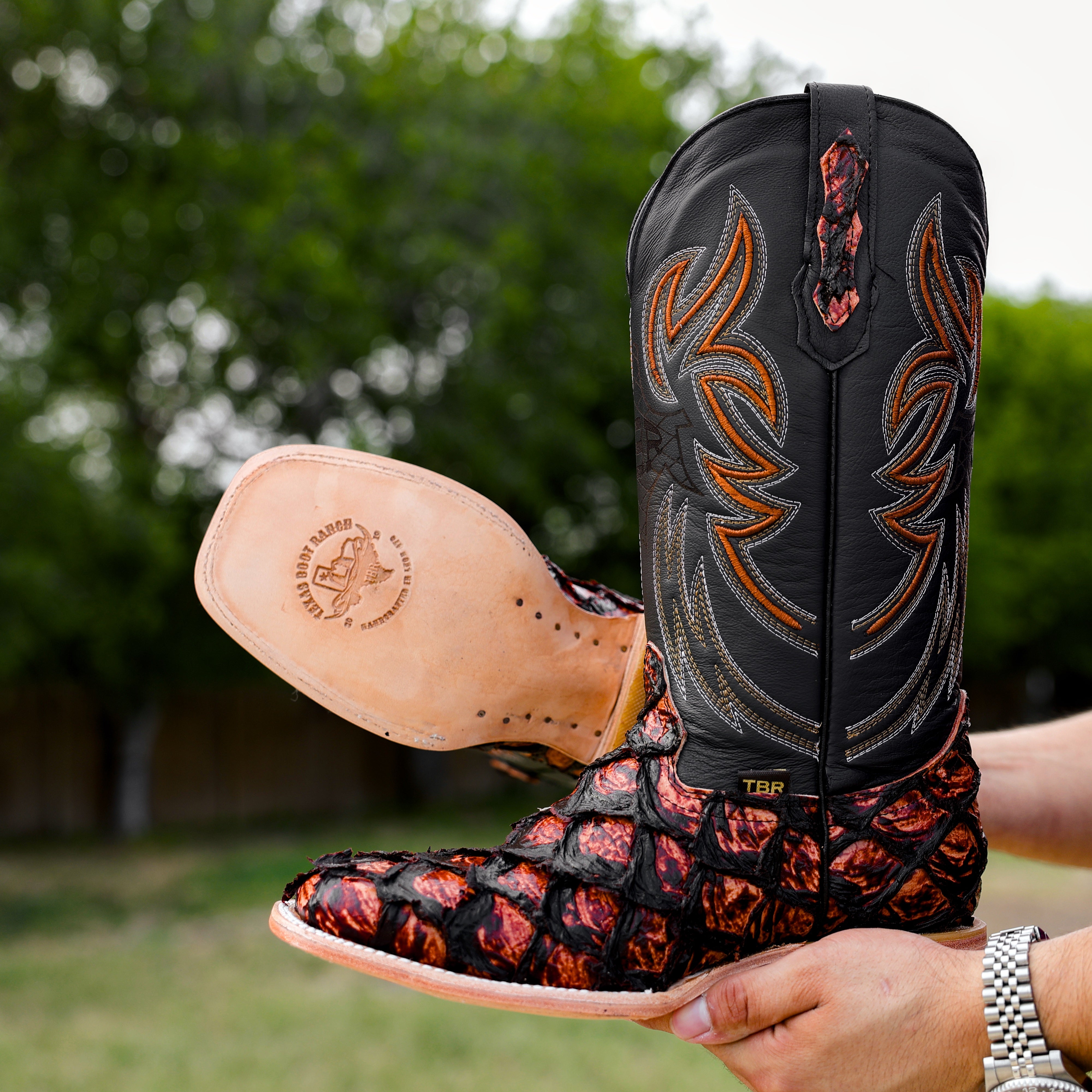 Cognac Jumbo Pirarucu Leather Boots - Square Toe