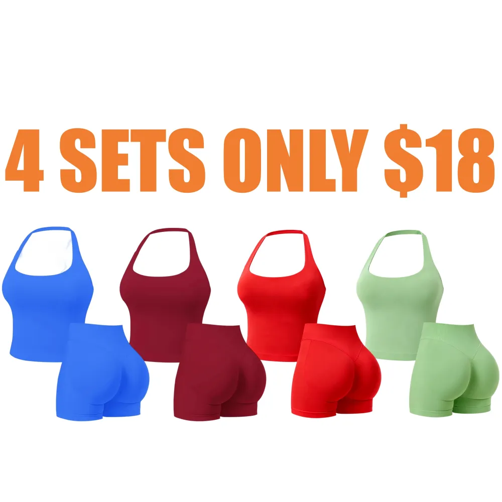 Two-Piece Set Women's Solid Color Halter Top & High Waist Shorts Sports Set