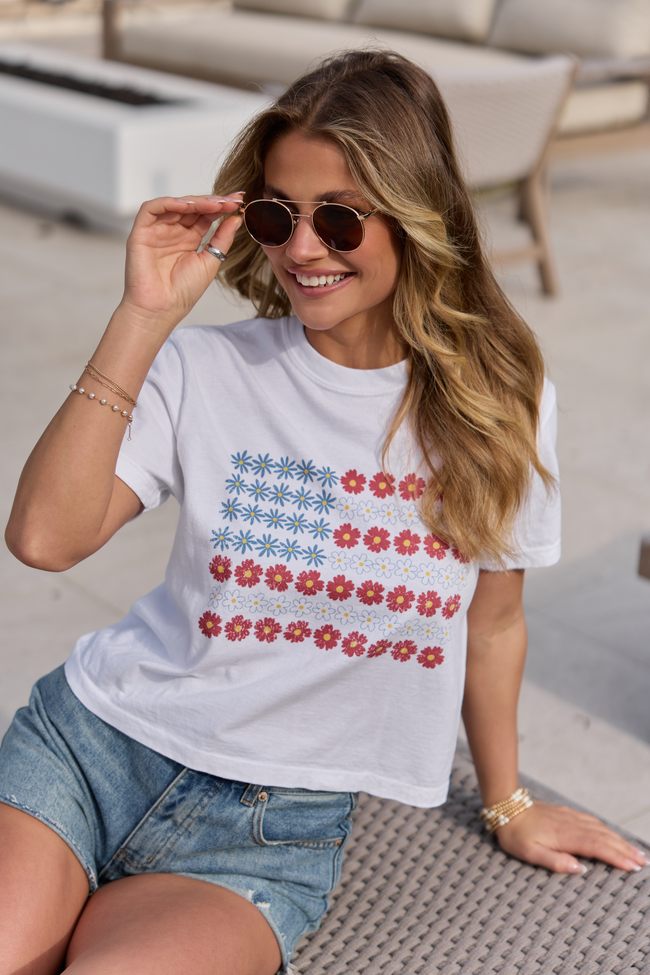 Multi Floral Flag White Boxy Graphic Tee