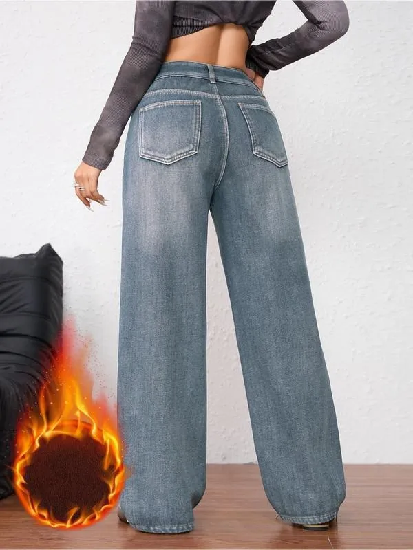 Women's Vintage Fleece-Lined Thickened Fall Winter Wide Leg Jeans