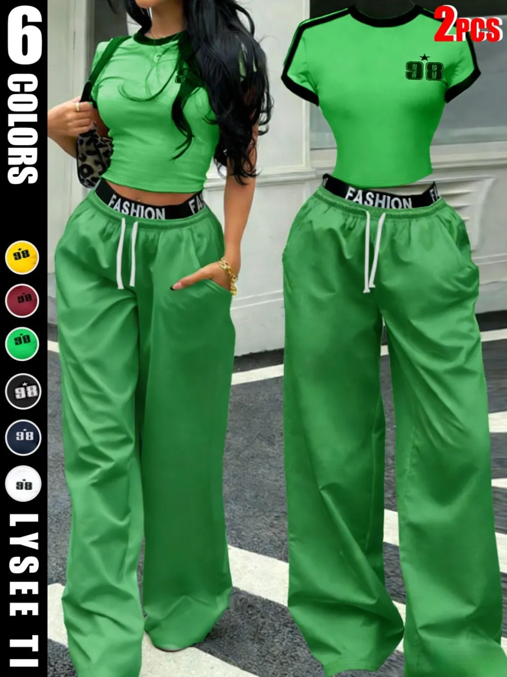 Hot-girl Style Contrast Binding Short Top and Letter Tape Wide Leg Pants, Women's Black & White Two-piece Set