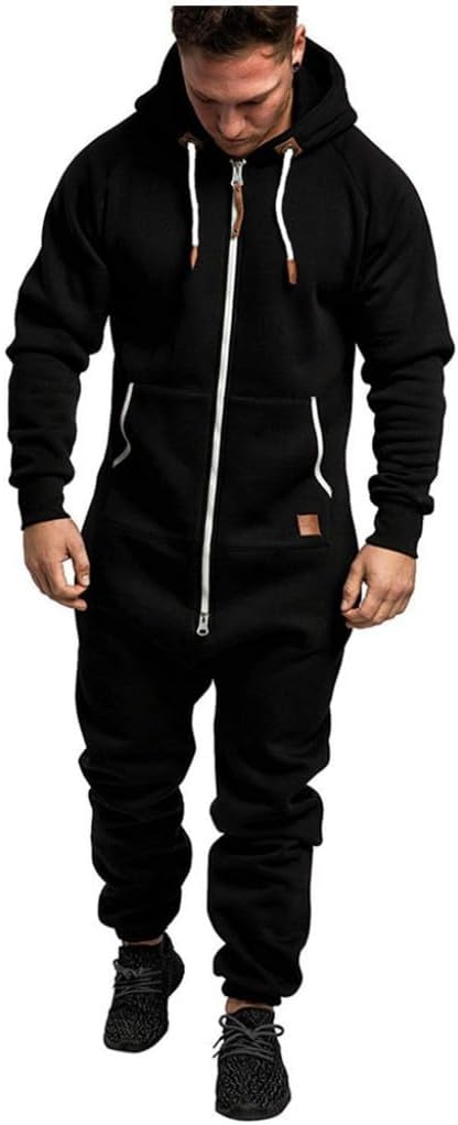 Mens Fleece Lined Hooded Jumpsuit Full Zip Up One Piece Pajamas Onesie Overalls Rompers Playsuit Jogging Sweatsuits
