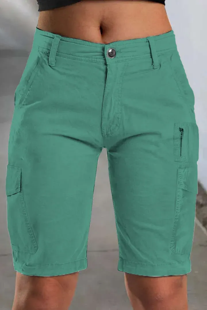 Solid Multi Pocket Mid Rise Bermuda Cargo Shorts