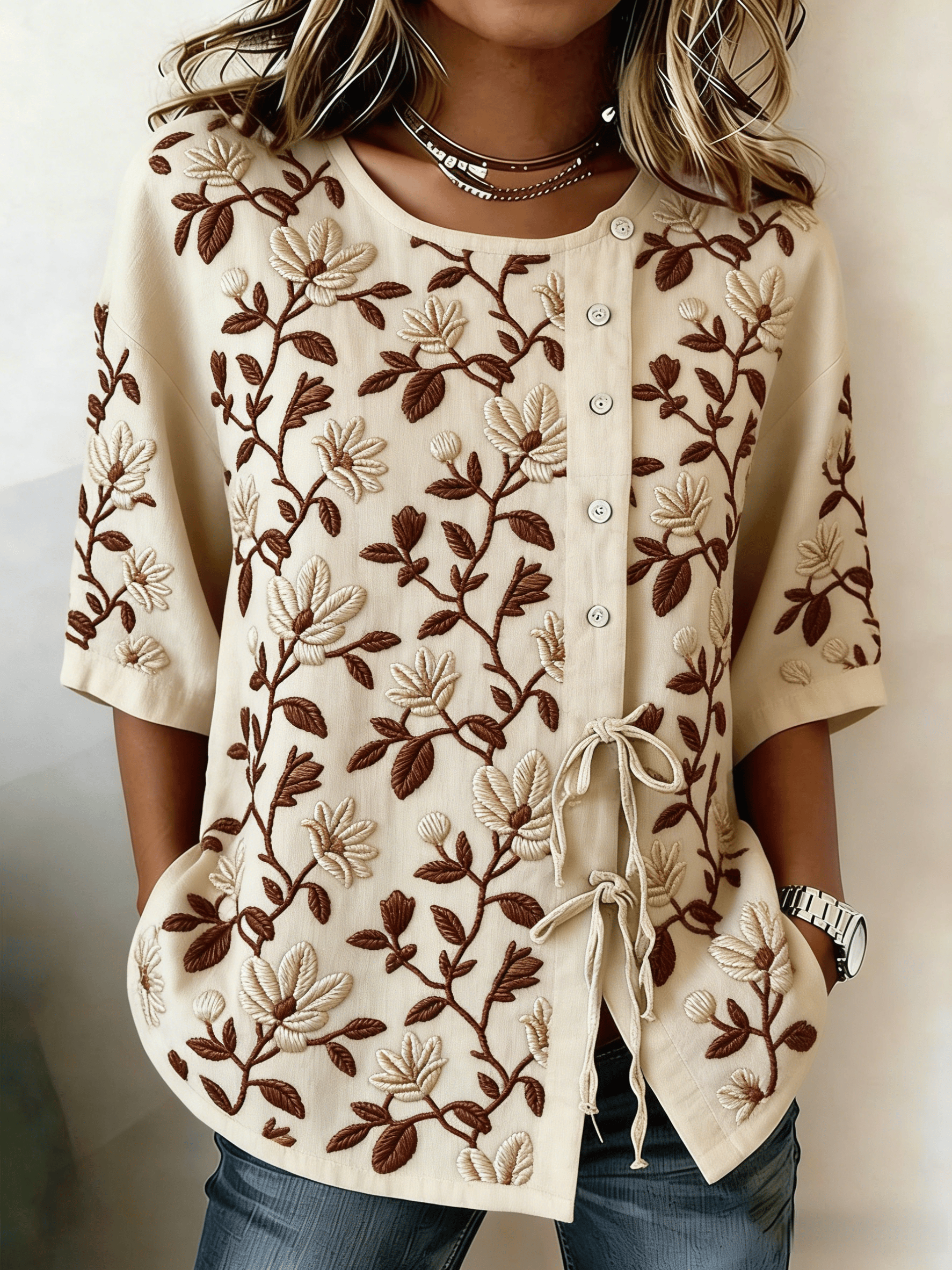 Women's Literary Retro Floral Print Tie Waist Linen Style Blouse