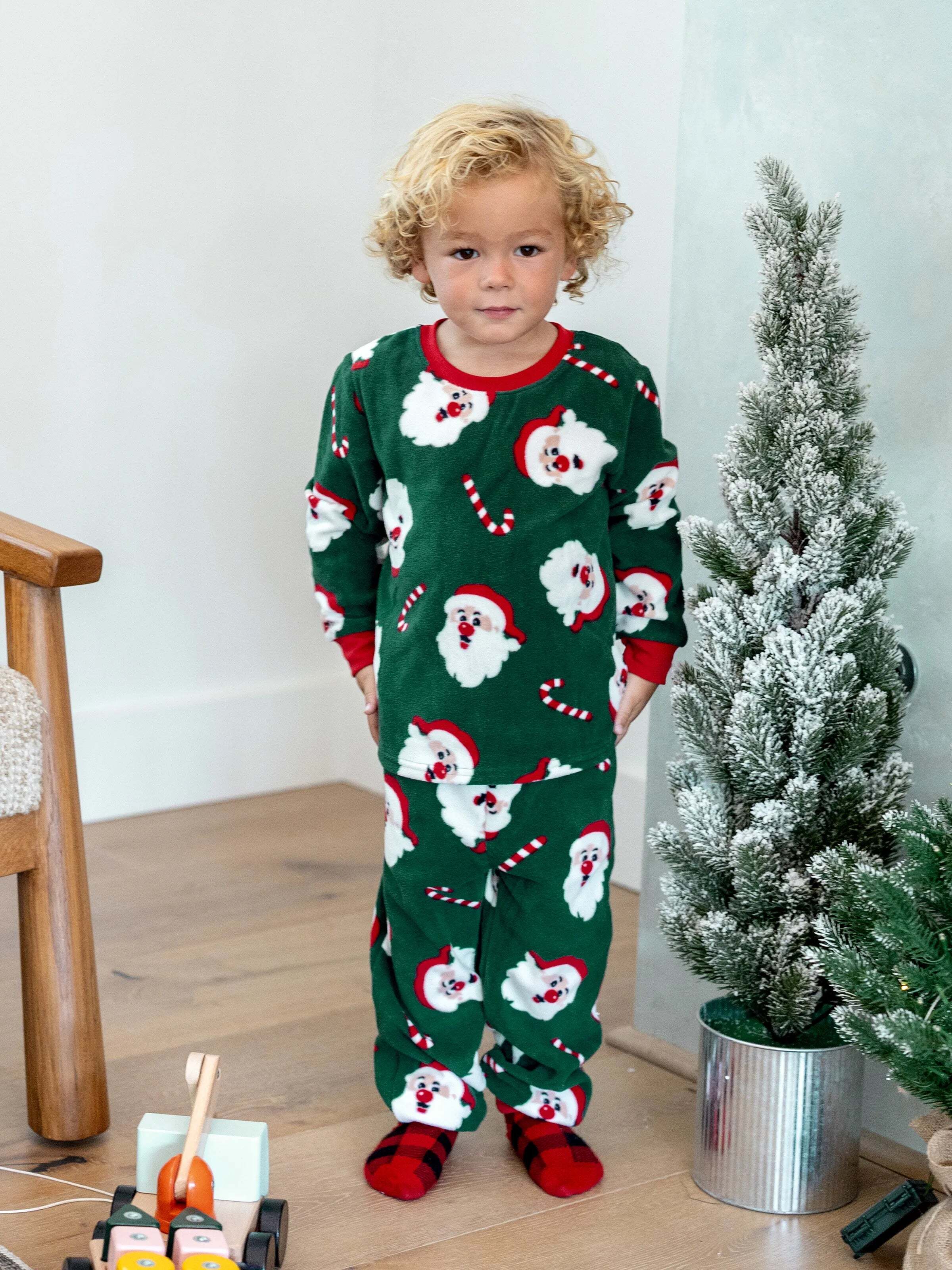 Christmas Matching Family Fleece Pajamas Set Santa Claus and Candy Cane Print PJS with Christmas Socks Dark Green
