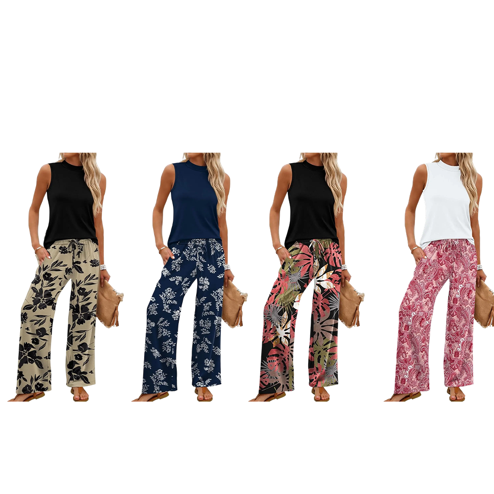 Two Piece Set for Women Summer Spring Outfits Cruise Travel Airport Beach Vacation Mock Neck Wide Leg Pants Set