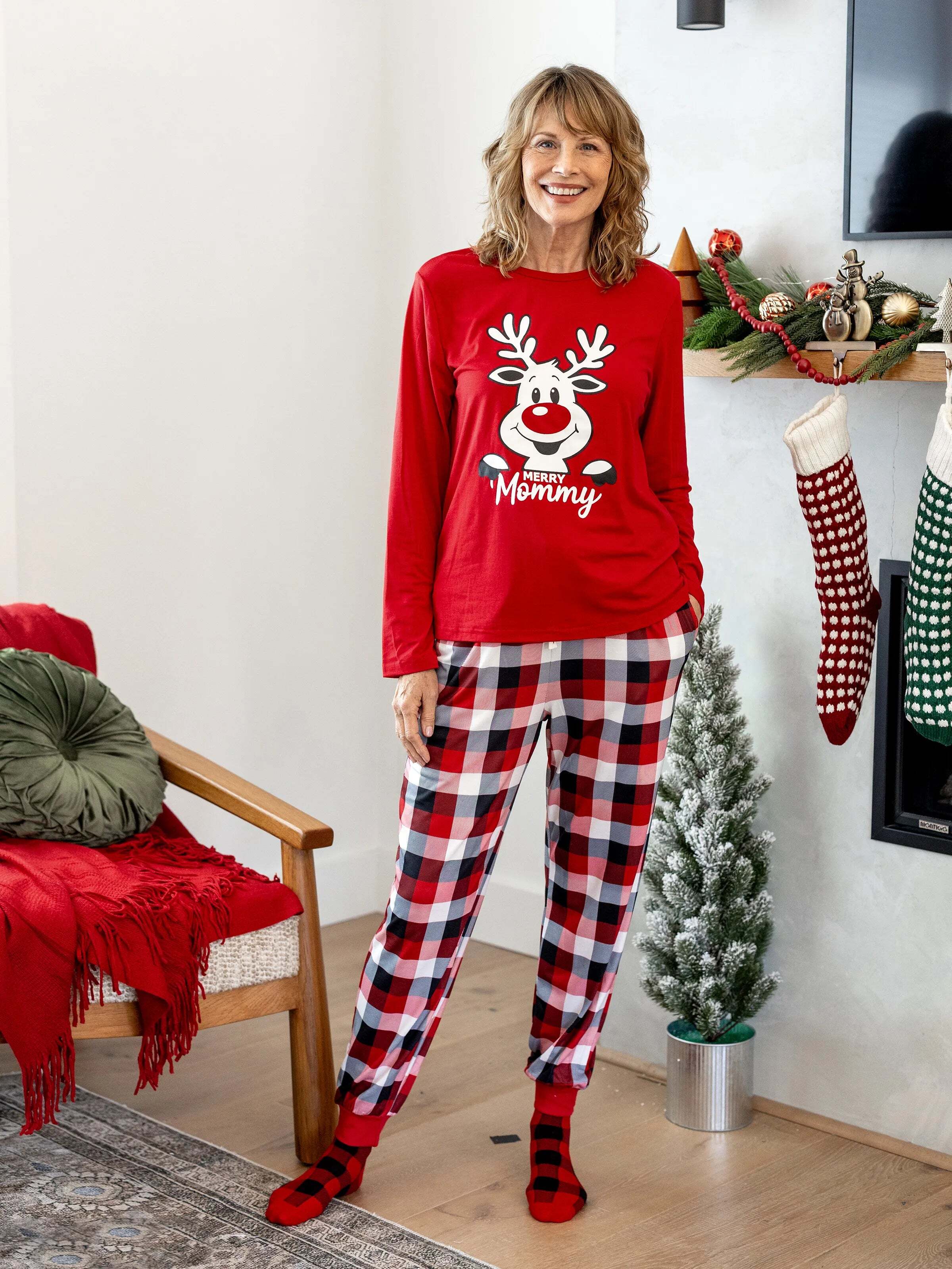 Christmas Matching Family Pajamas Set Glow In The Dark Reindeer Print PJS with Christmas Socks Red