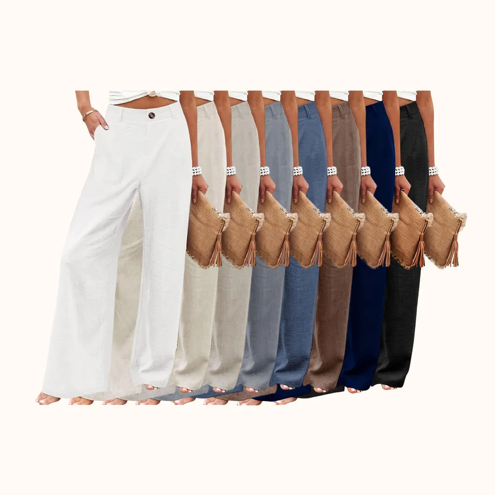 Womens Cotton Linen Pants Casual Button Up High Waisted Wide Leg Trousers Wideleg Loose Womenswear Apricot