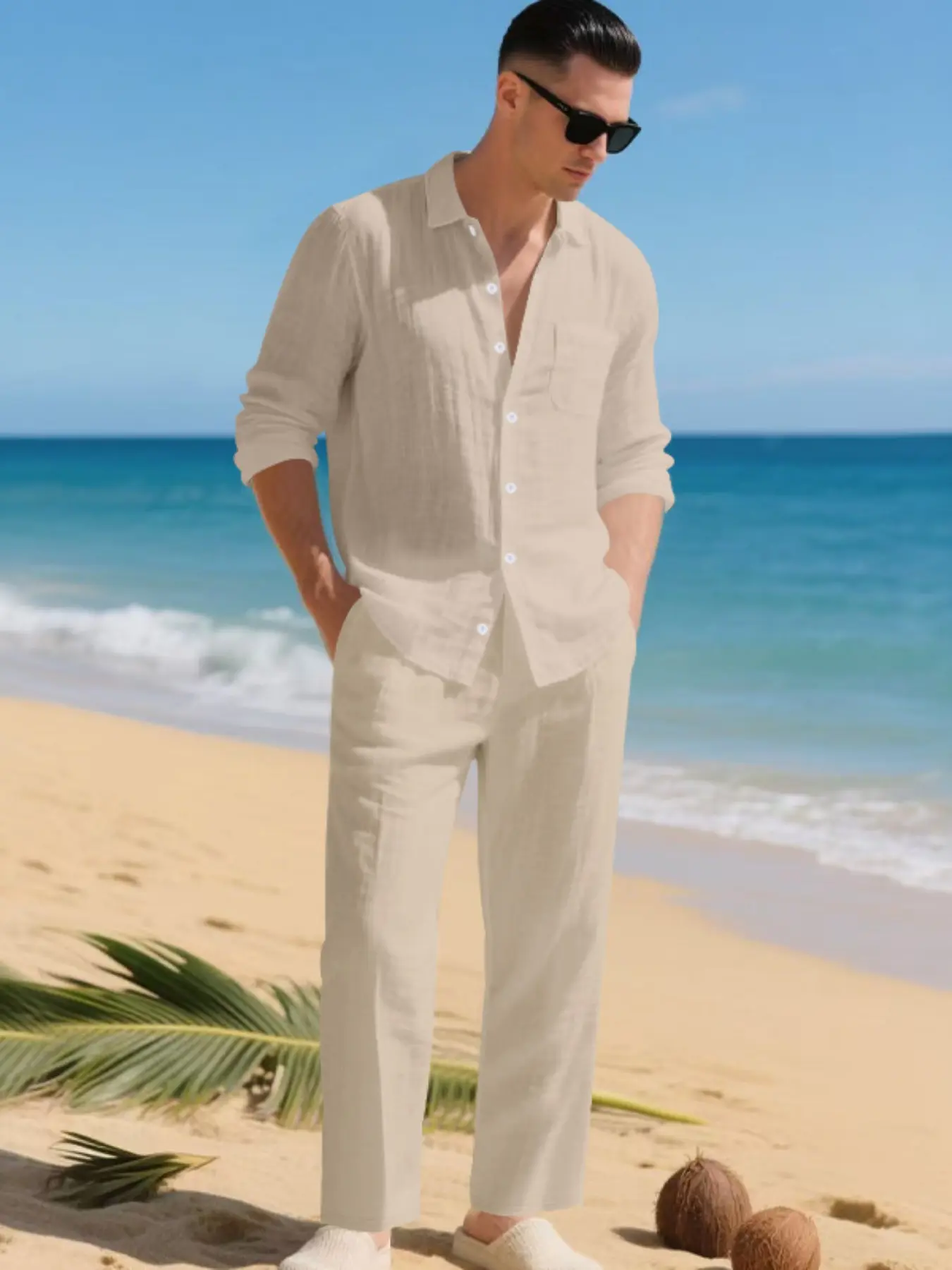 Men's Summer Linen Shirt & Pants Set, Casual Long Sleeve Beachwear, Comfortable Fashion Clothing for Vacation