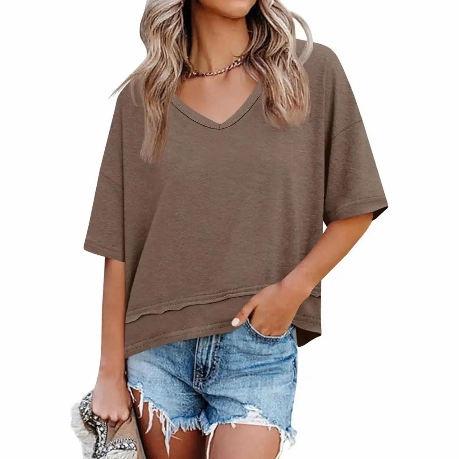 Women's V Neck Flowy Short Sleeve Tee – Casual Loose Fit Basic Top