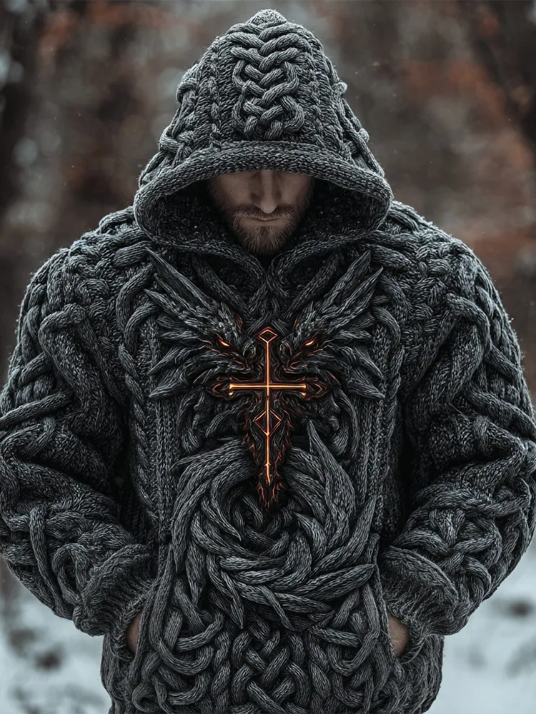 Men's Viking Celtic Dragon Chunky Hooded Sweater