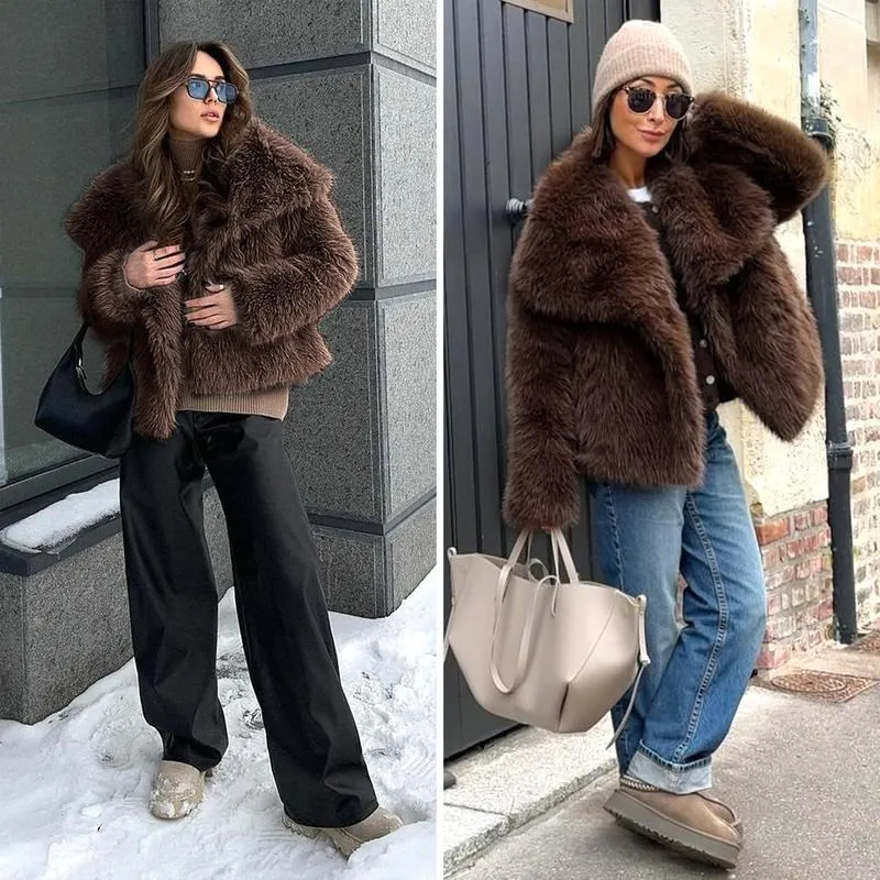 Women's Brown Faux Fur Coat Winter Fluffy Short Jacket