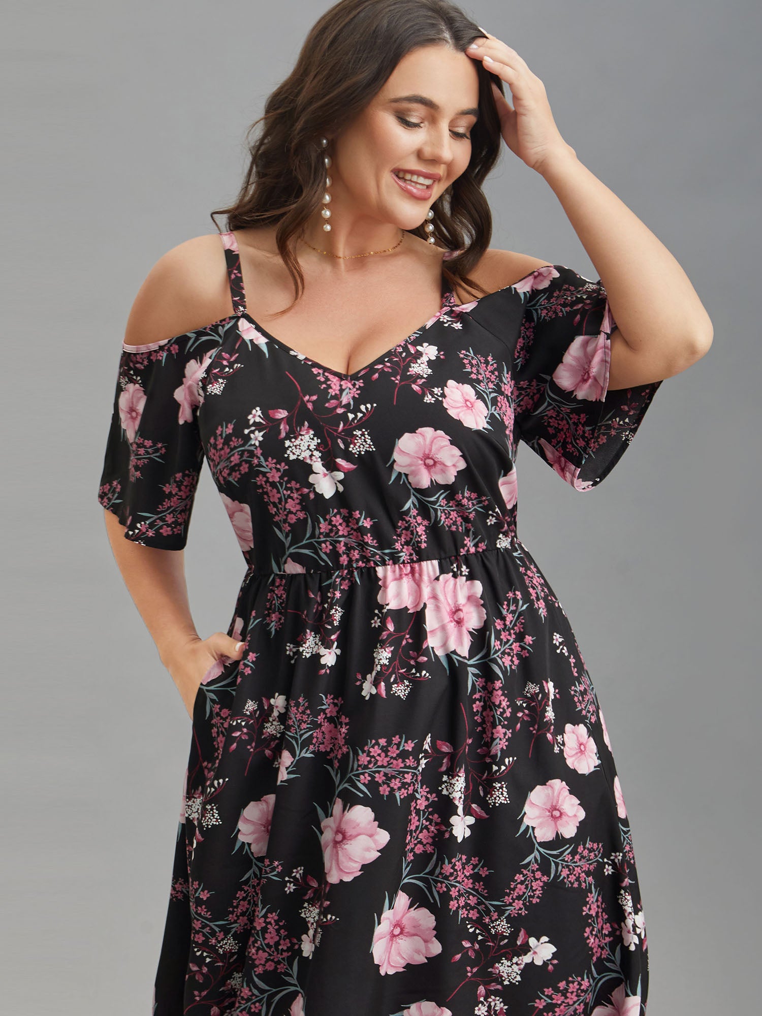 Floral Print Cold-Shoulder Pockets Midi Dress