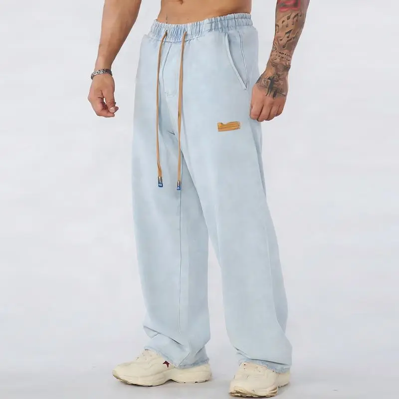 Men's straight leg jeans, casual drawstring elastic waistband