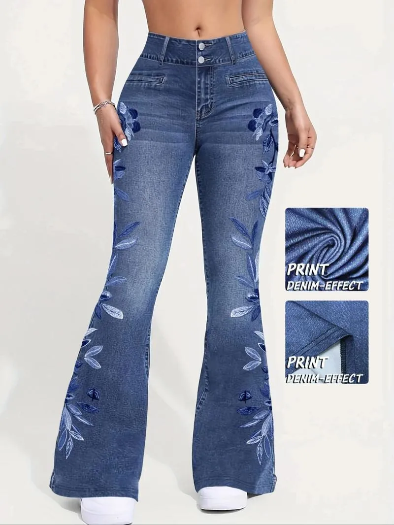 Women's denim printed flared pants