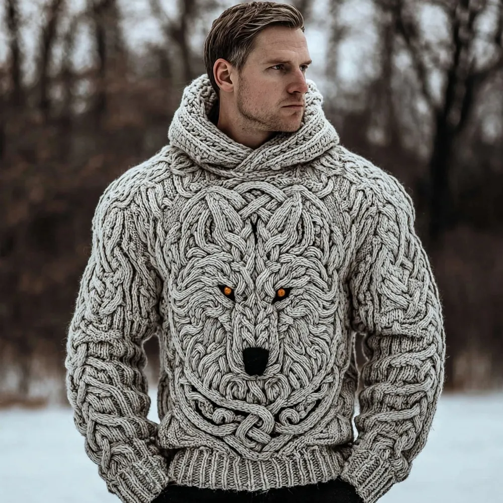 Men's Viking Inspired Celtic Wolf Chunky Hooded Sweater