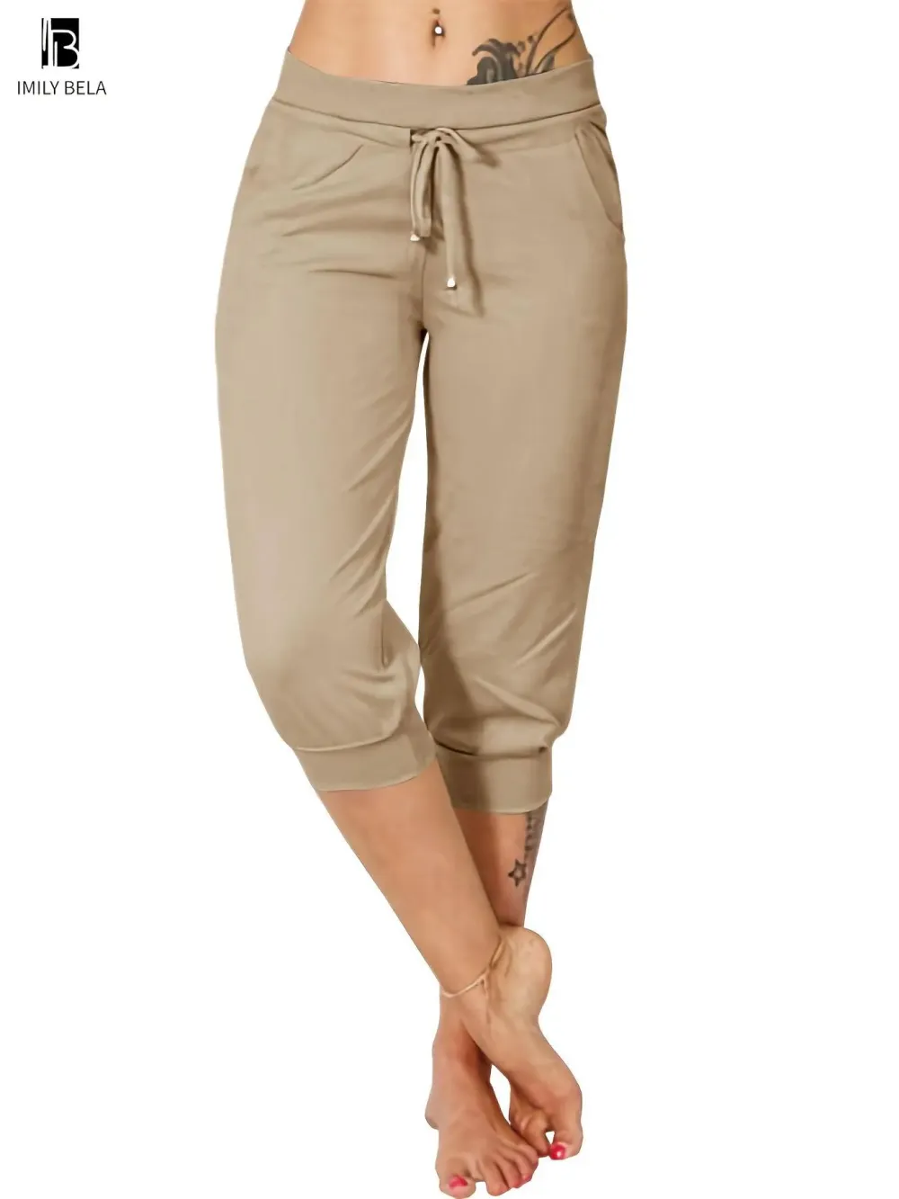 Women's Solid-Color Cropped Pants with Drawstring Waist — Casual Everyday Trousers with Pockets
