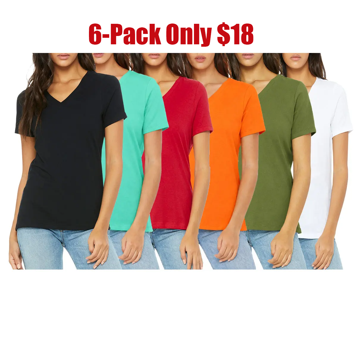 Women's 6-Pack Loose Fit Short Sleeve V-Neck & Crew Neck Classic Tee Summer Top