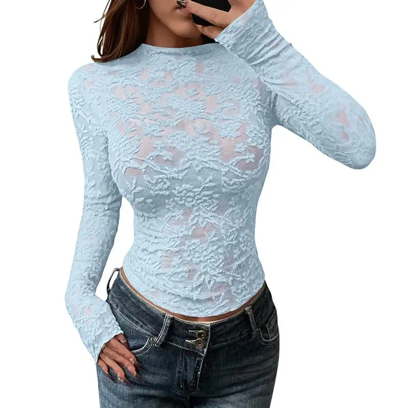 Mesh Long Sleeve Tops for Women Lace Sexy Sheer Tight See Through Crew Neck