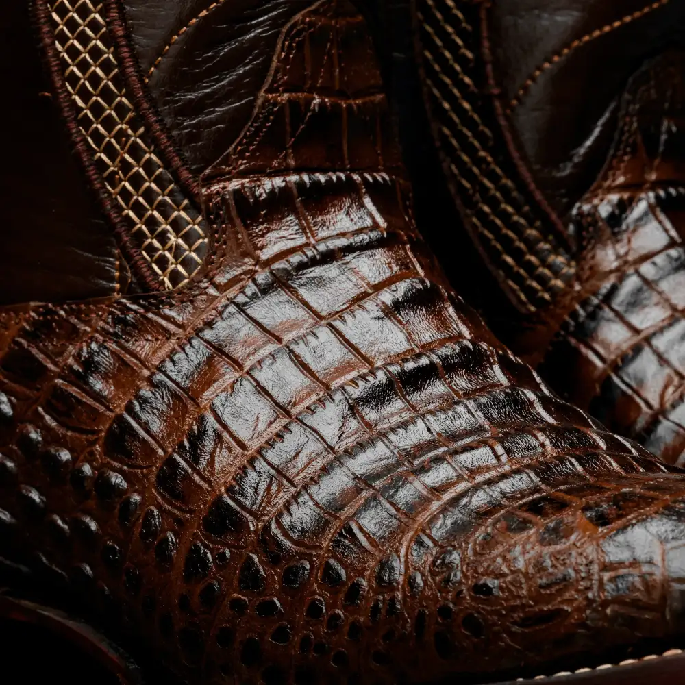Chocolate Brown Caiman Belly Leather Boots - Square Toe