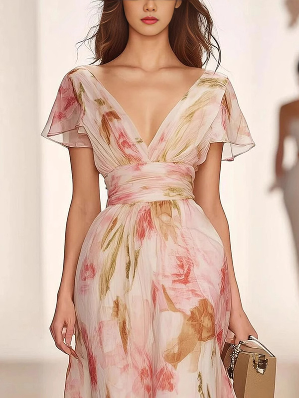 Flower Printed Ruffled Short Sleeves Elegant Chiffon Maxi Dresses