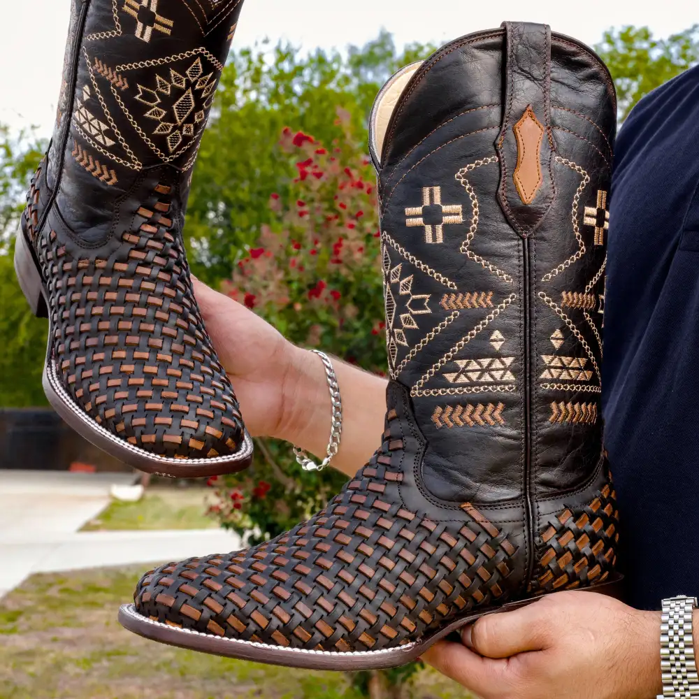 Brown Basketweave Leather Boots - Square Toe