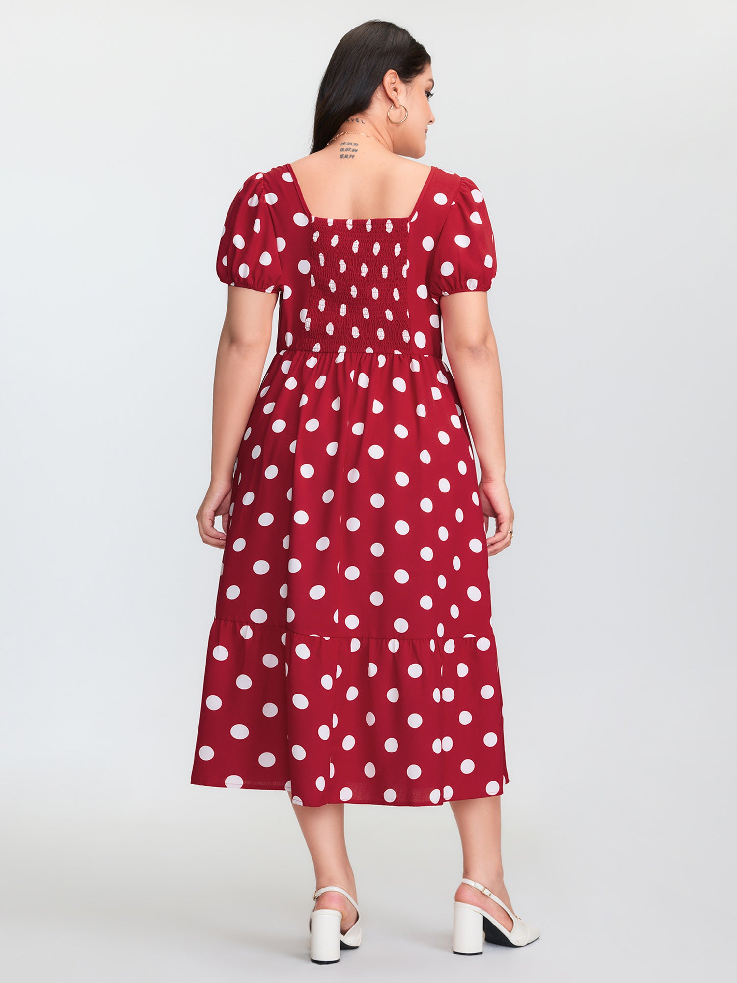 Polka Dots Shirred Cinched Waist Midi Dress