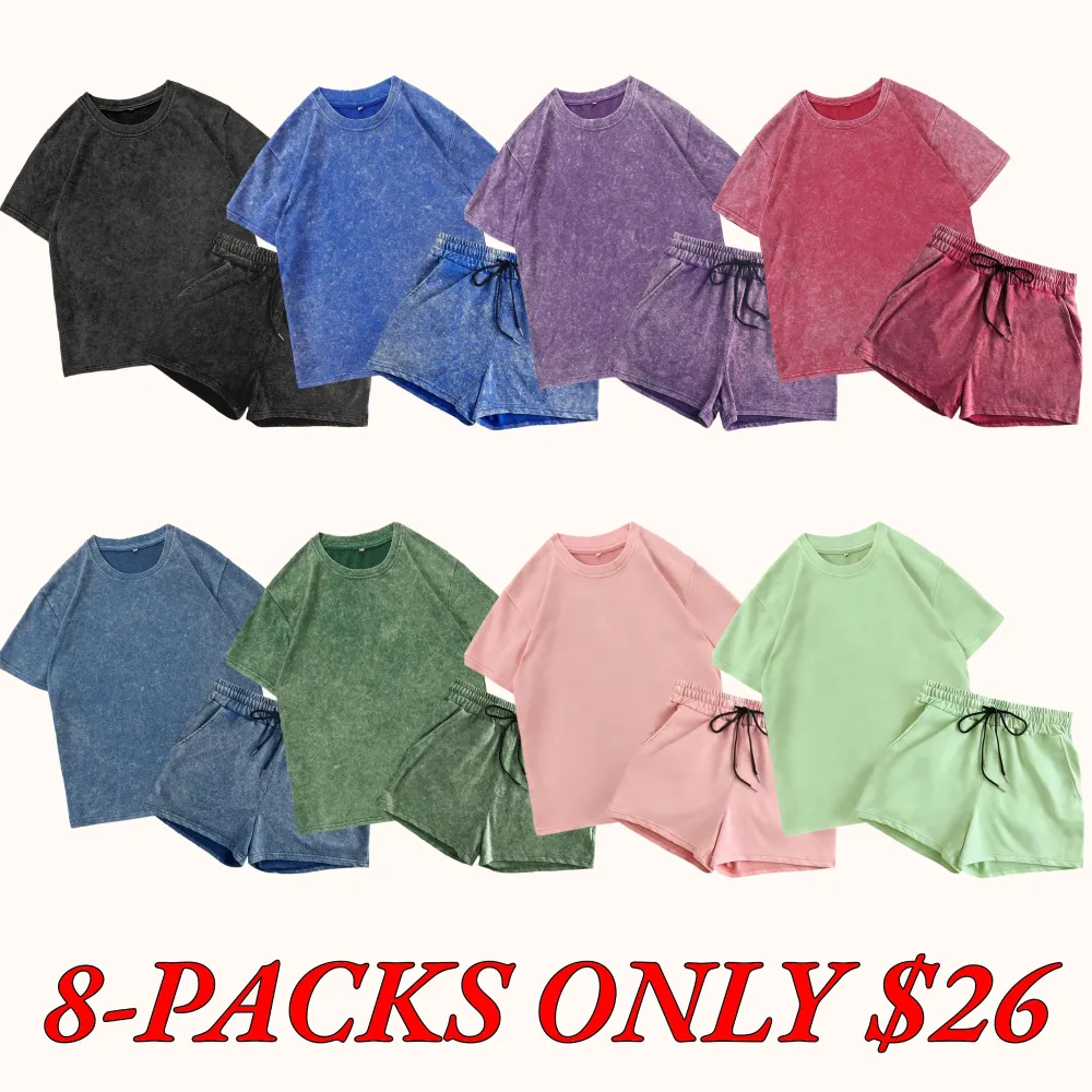 Women's Solid-Color Faux-Denim Print T-Shirt and Shorts Two-Piece Set