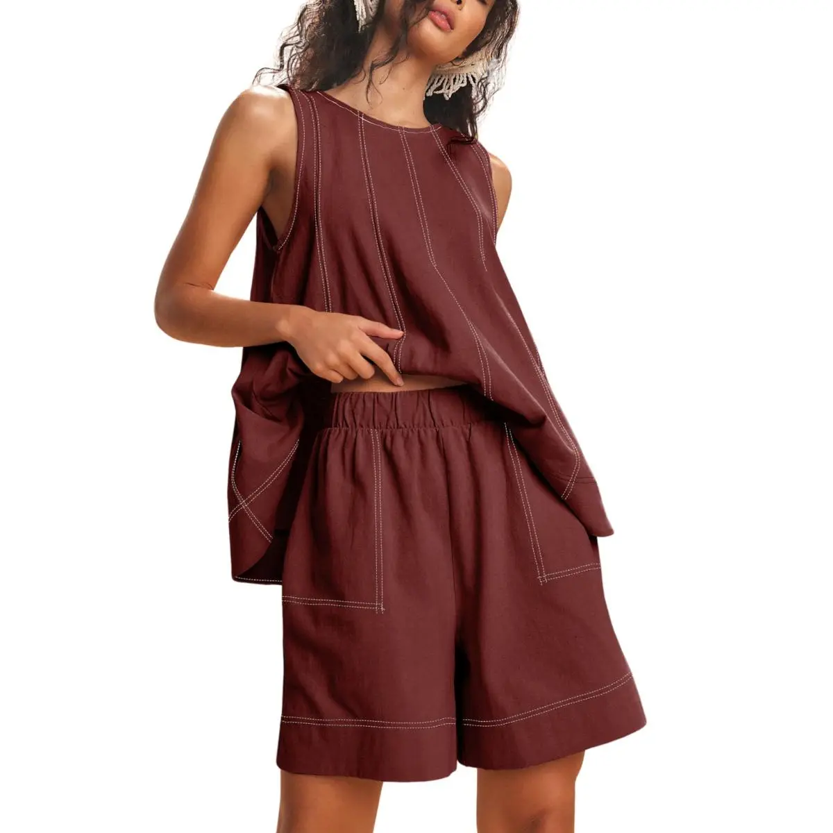 Womens 2 Piece Outfits Sleeveless Matching Sets A Line Tank Tops Contrast Stitching High Waist Shorts with Pockets