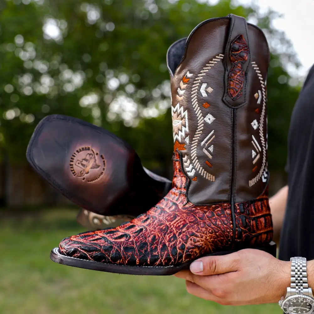 Cognac Caiman Neck Leather Boots - Square Toe